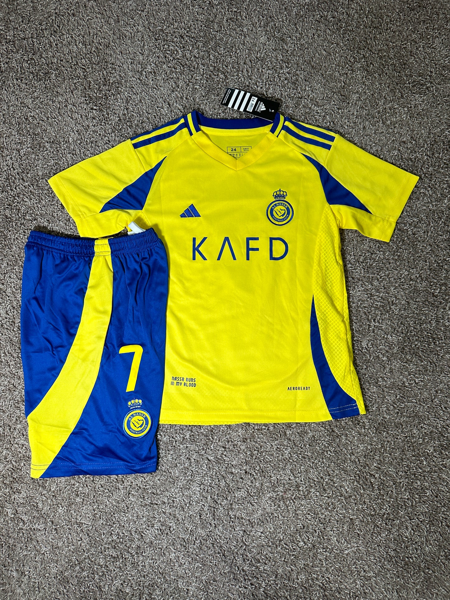 Cristiano Ronaldo #7 Al Nassr For Kids Yellow Soccer Jersey Youth Size Shirt