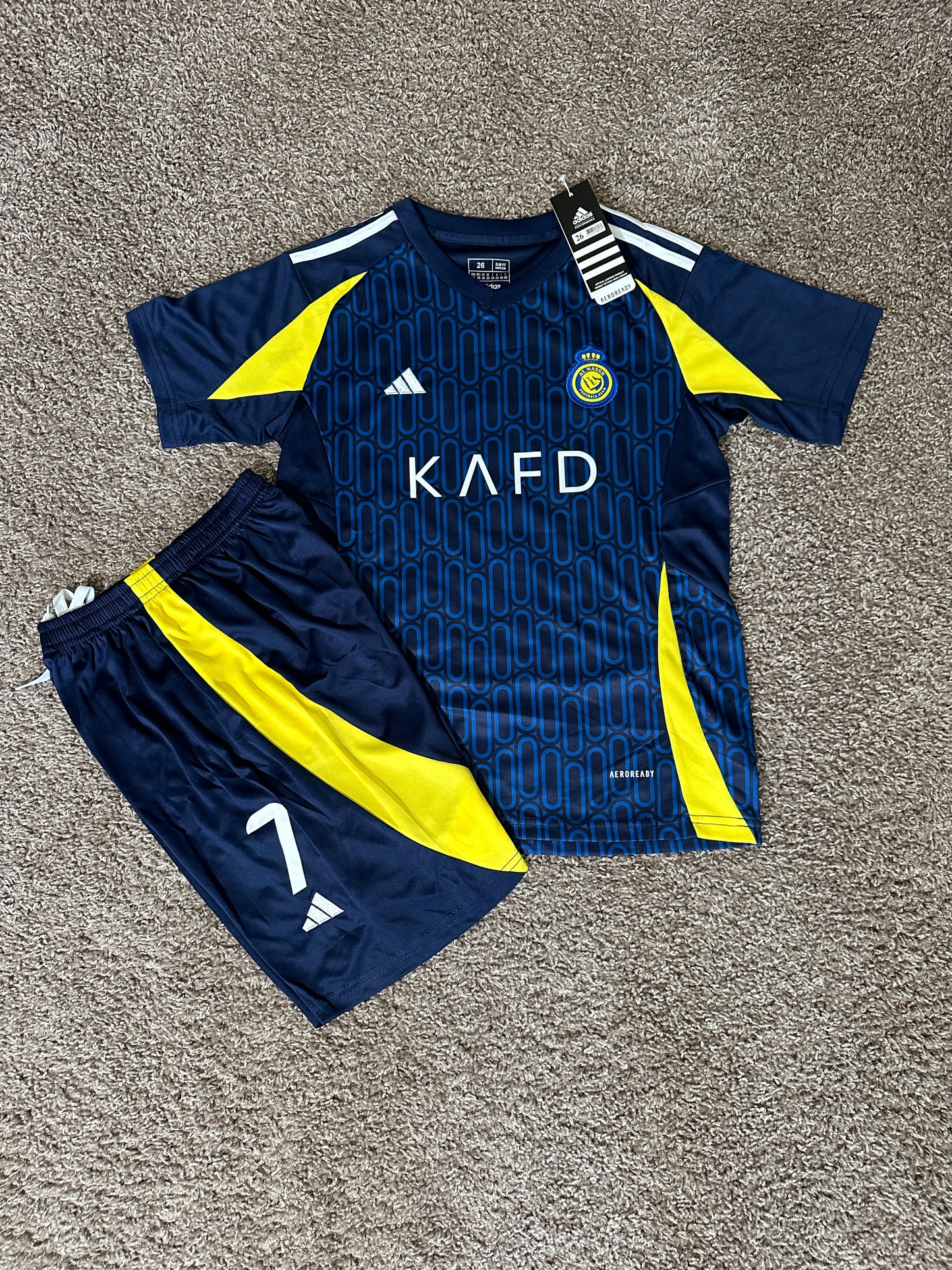 Al Nassr 2024/25 Away Ronaldo #7 Blue Soccer Uniform Jersey Shorts For Kids