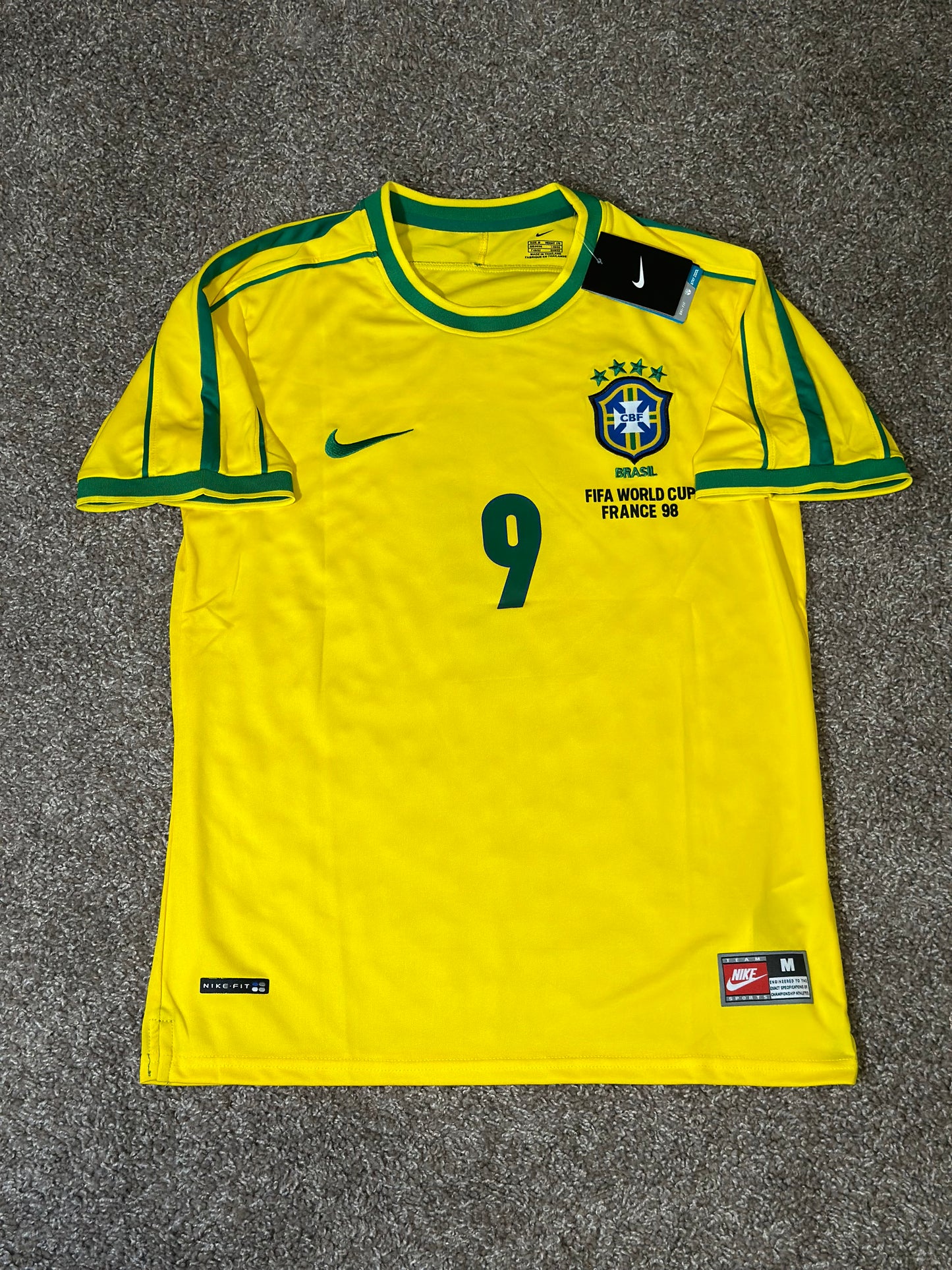 Brazil Soccer Jersey Retro 1998 Ronaldo Nazario #9 Home Yellow Men’s