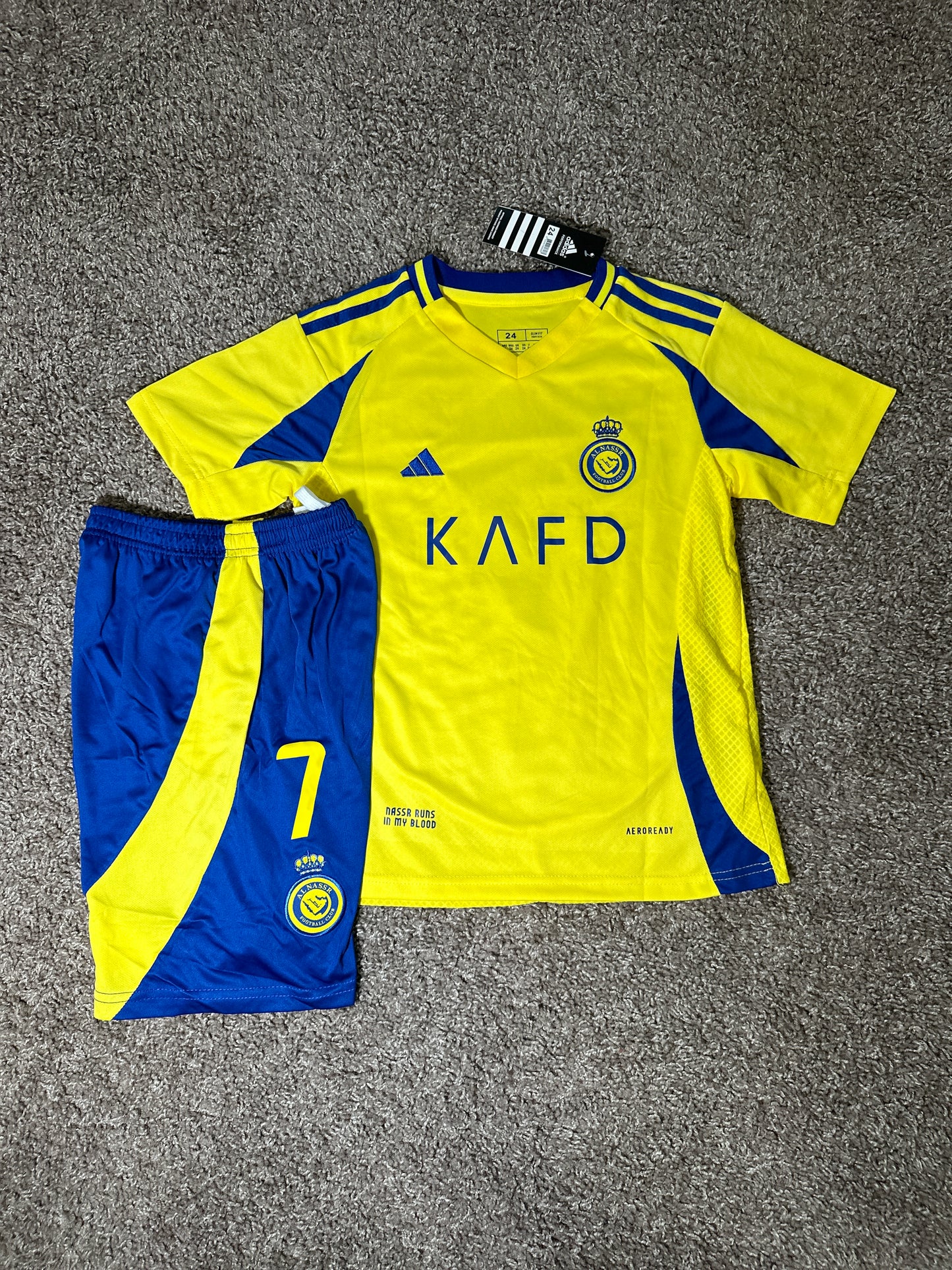 Cristiano Ronaldo #7 Al Nassr For Kids Yellow Soccer Jersey Youth Size Shirt