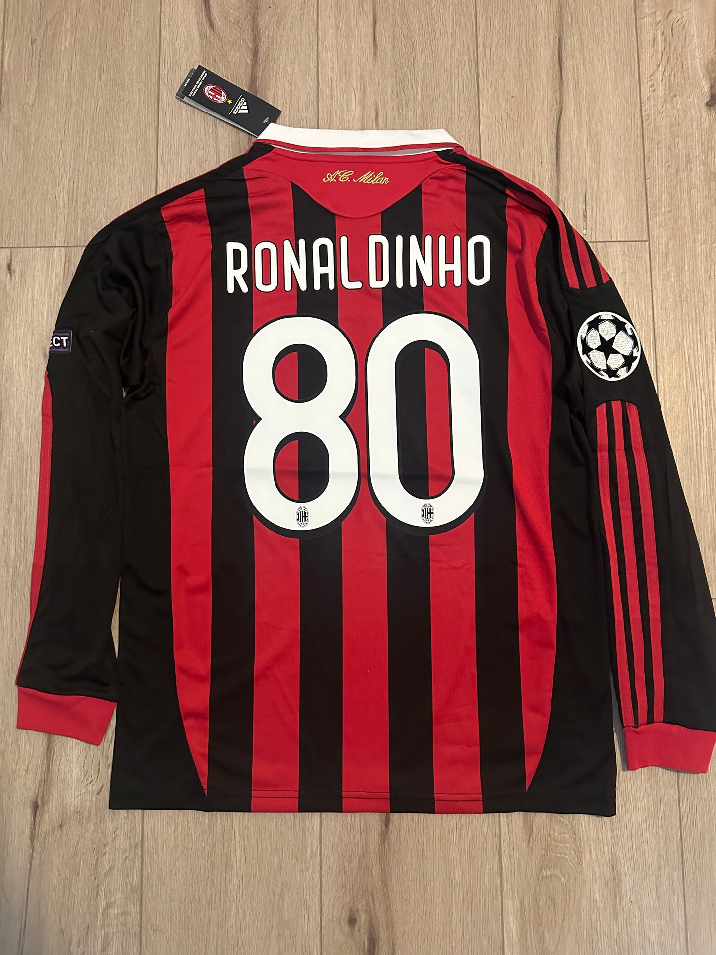 Milan Retro 09/10 Ronaldinho #80 Soccer Jersey Long Sleeves Home Men Shirt Size