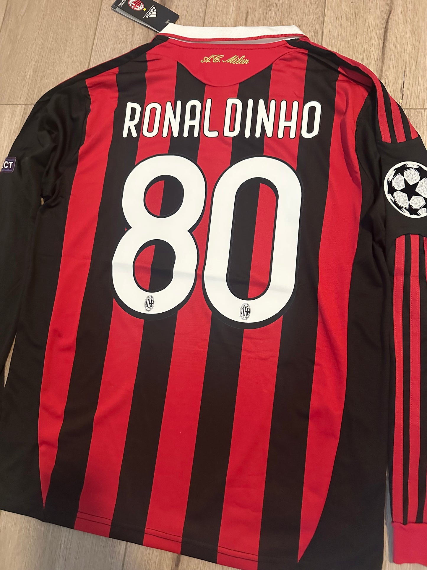 Milan Retro 09/10 Ronaldinho #80 Soccer Jersey Long Sleeves Home Men Shirt Size