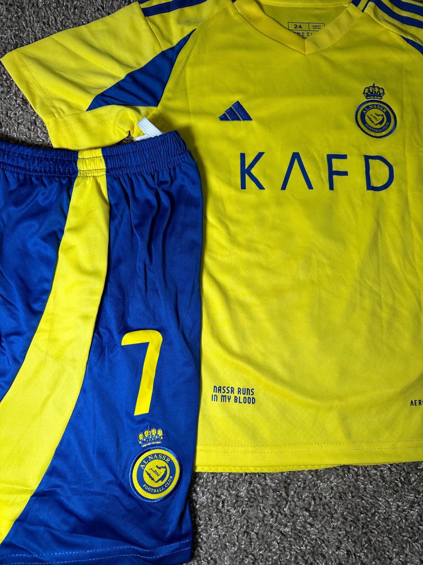 Cristiano Ronaldo #7 Al Nassr For Kids Yellow Soccer Jersey Youth Size Shirt