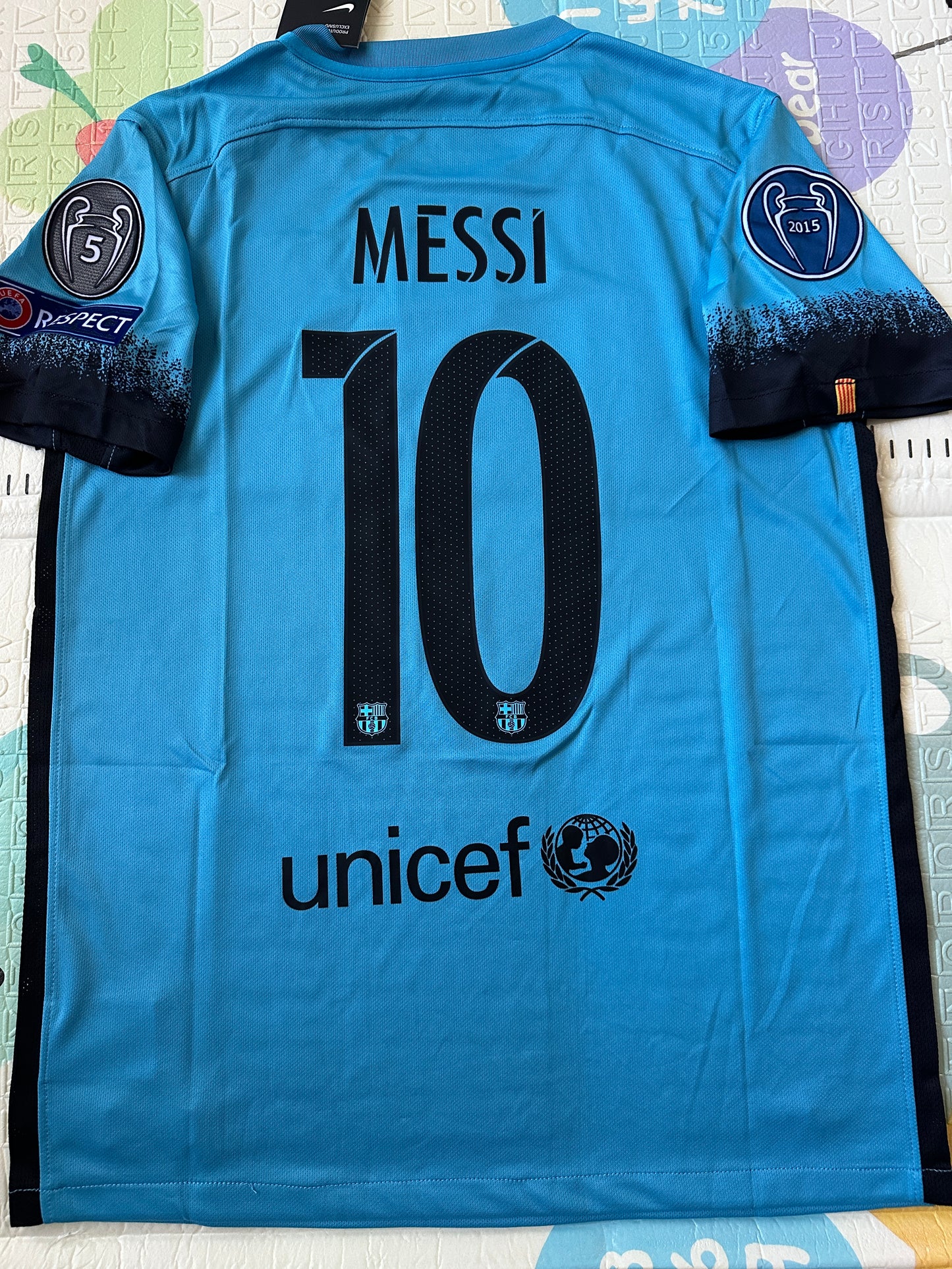 Barcelona Messi #10 Retro Soccer Jersey Blue Third 15/16 UCL Men Size Shirt