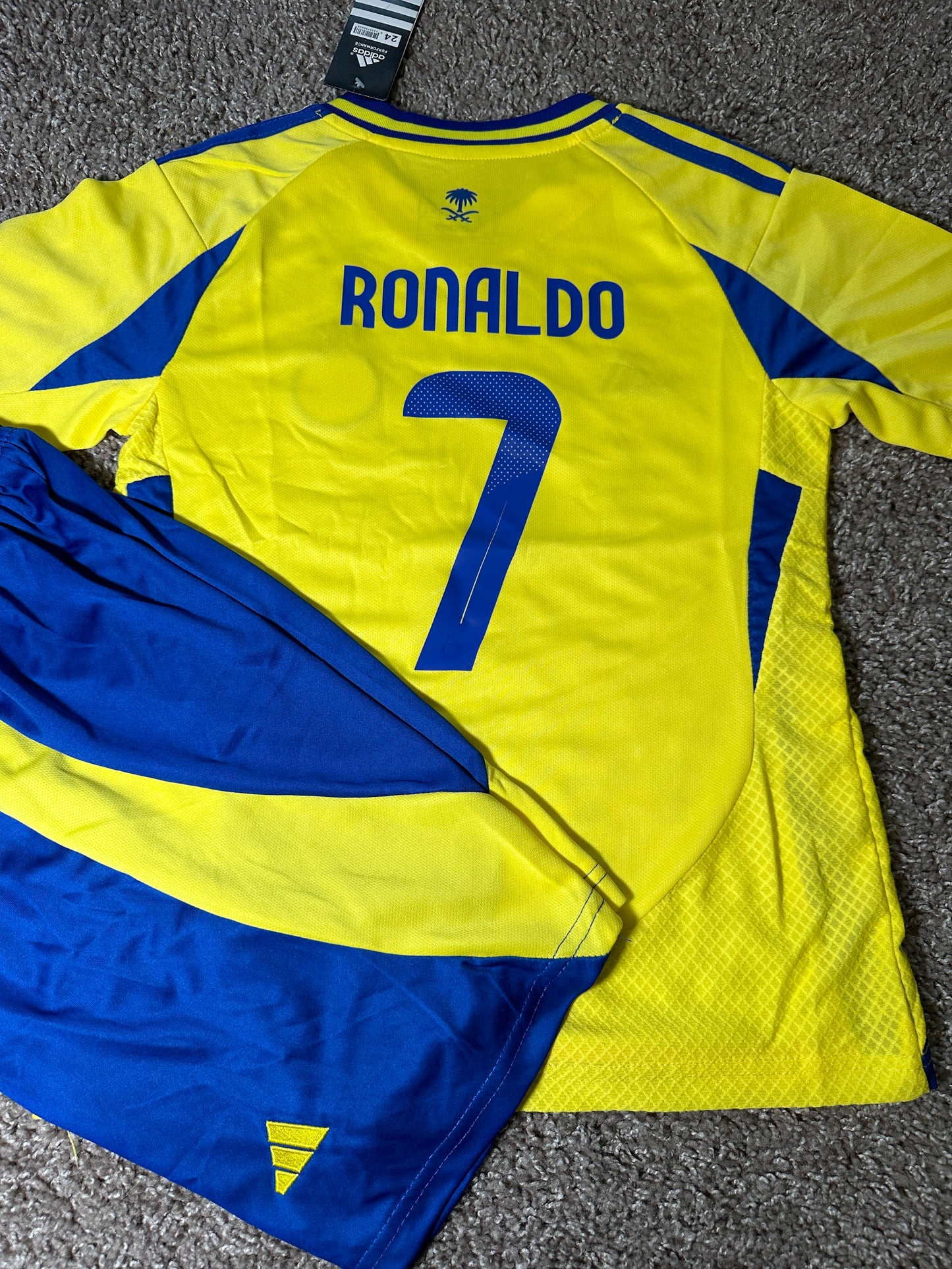 Cristiano Ronaldo #7 Al Nassr For Kids Yellow Soccer Jersey Youth Size Shirt