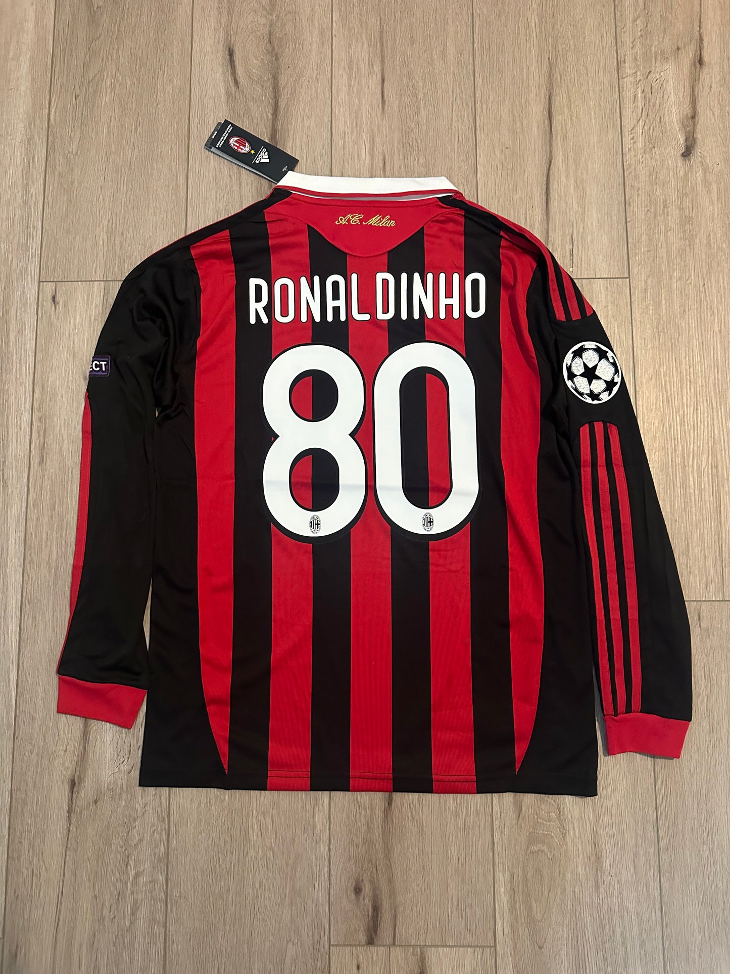Milan Retro 09/10 Ronaldinho #80 Soccer Jersey Long Sleeves Home Men Shirt Size