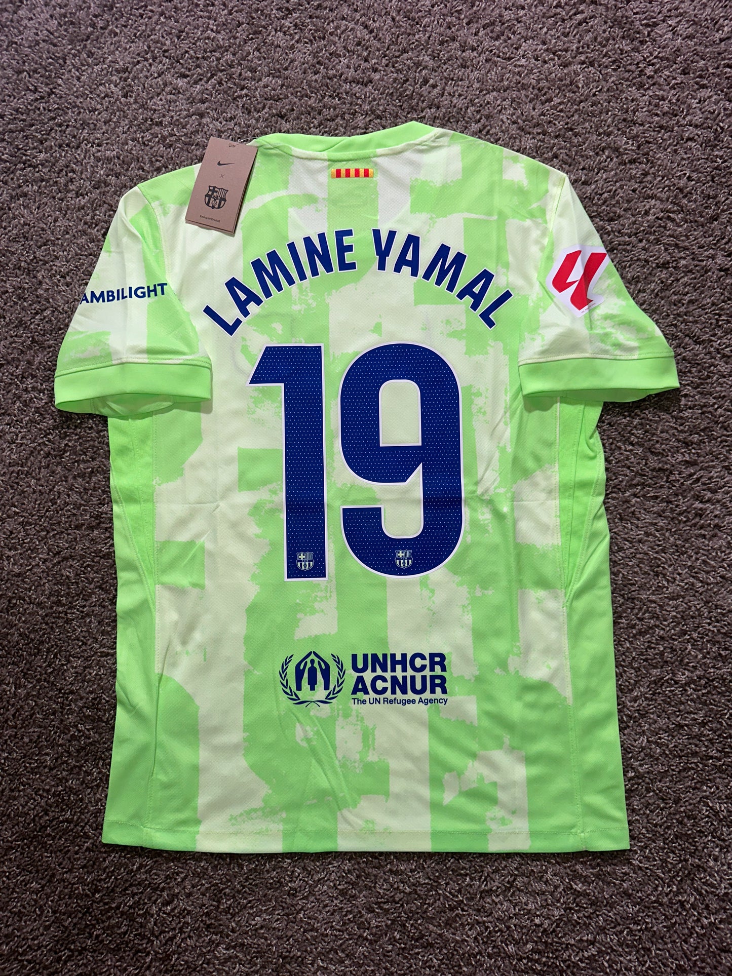 Barcelona 2014/25 Lamine Yamal #19 Neon Green Soccer Jersey Men Size Third