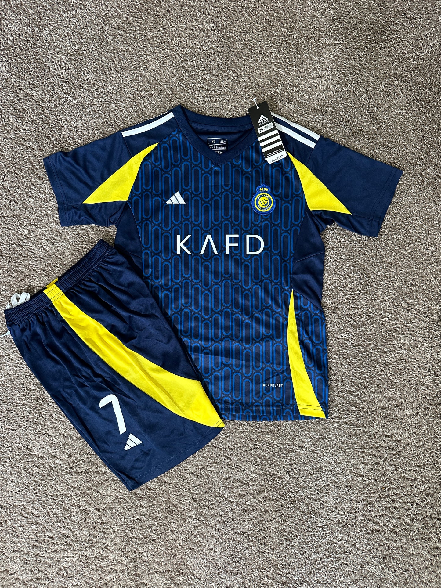 Al Nassr 2024/25 Away Ronaldo #7 Blue Soccer Uniform Jersey Shorts For Kids