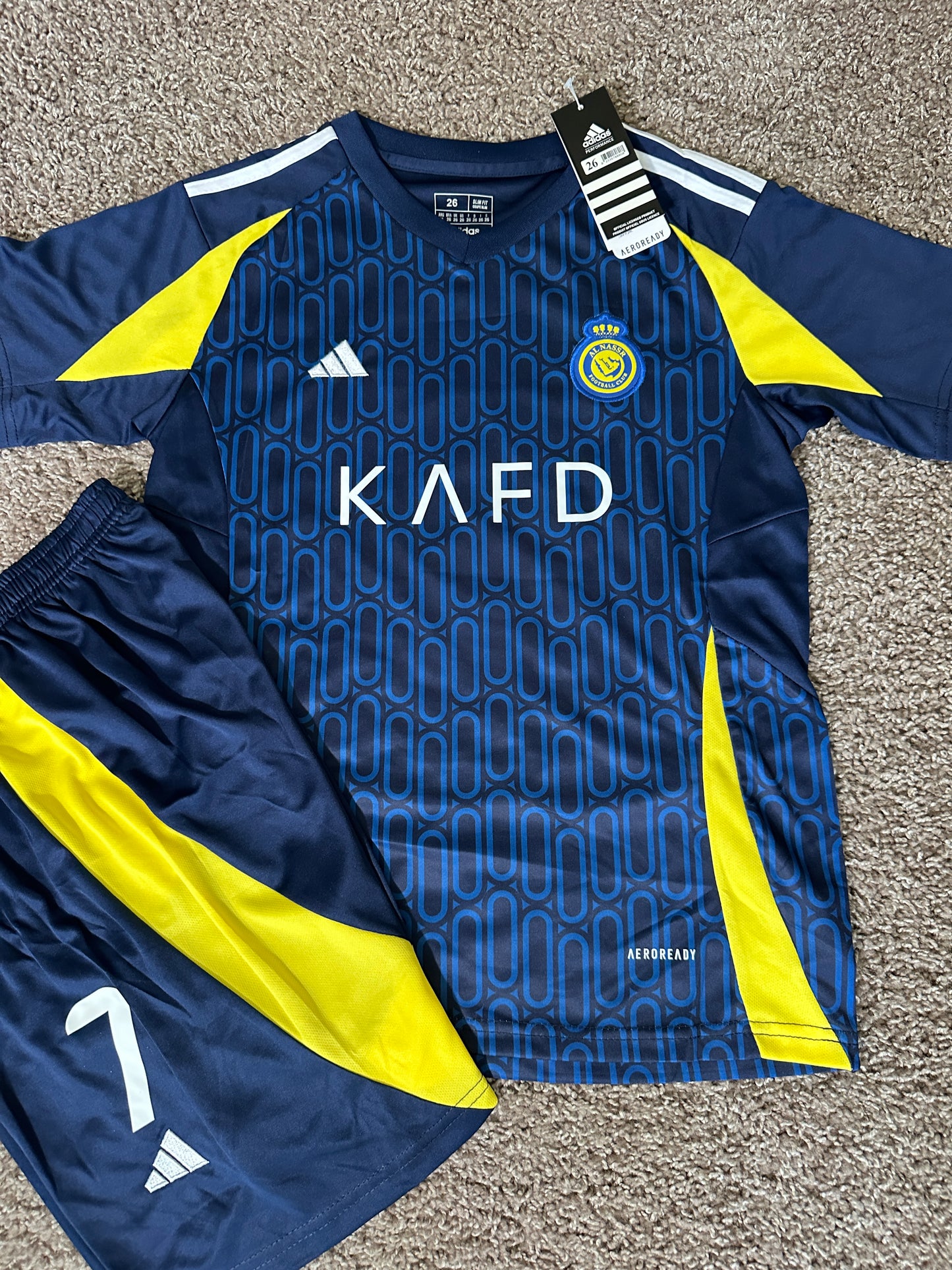 Al Nassr 2024/25 Away Ronaldo #7 Blue Soccer Uniform Jersey Shorts For Kids