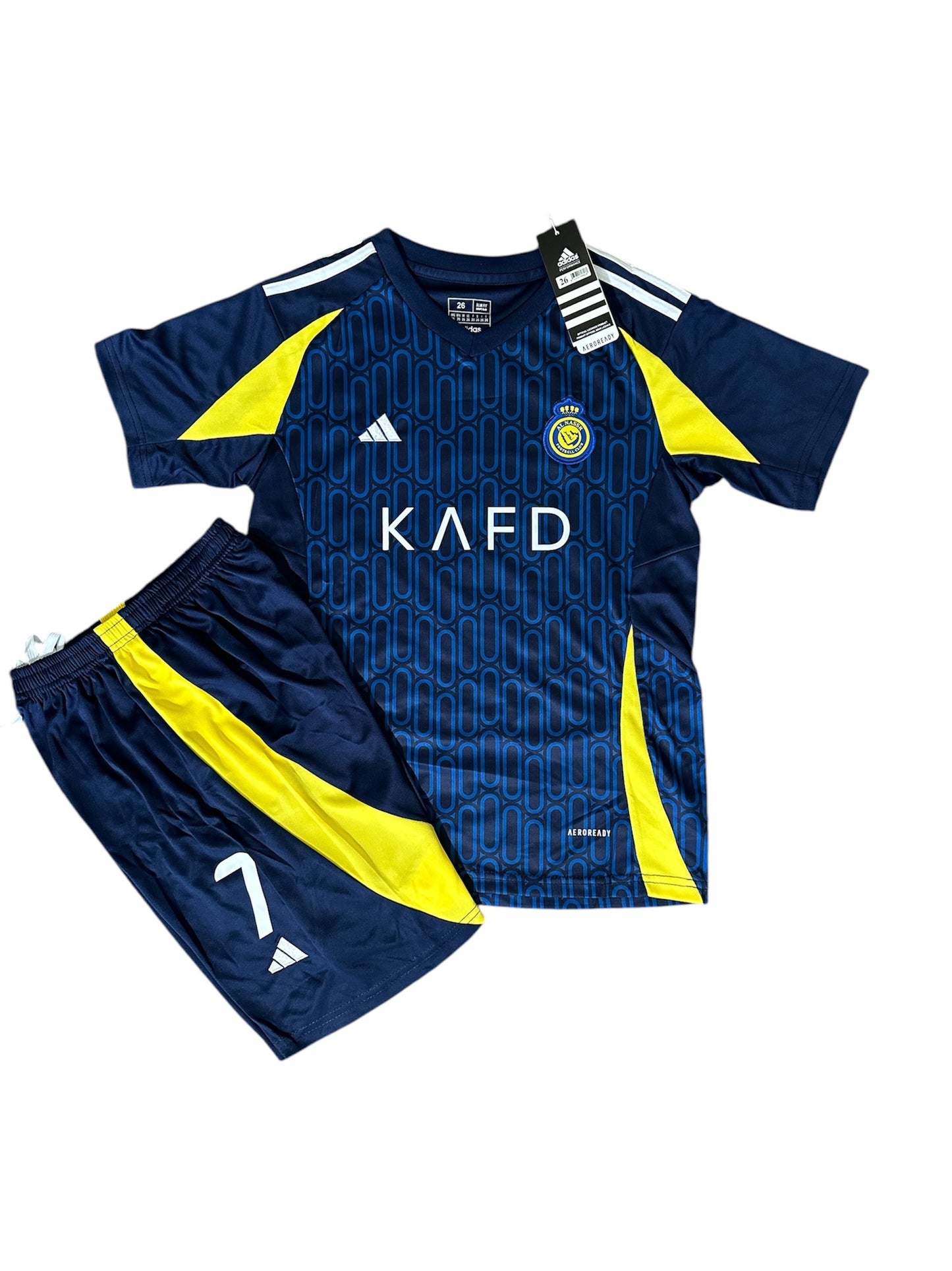 Al Nassr 2024/25 Away Ronaldo #7 Blue Soccer Uniform Jersey Shorts For Kids