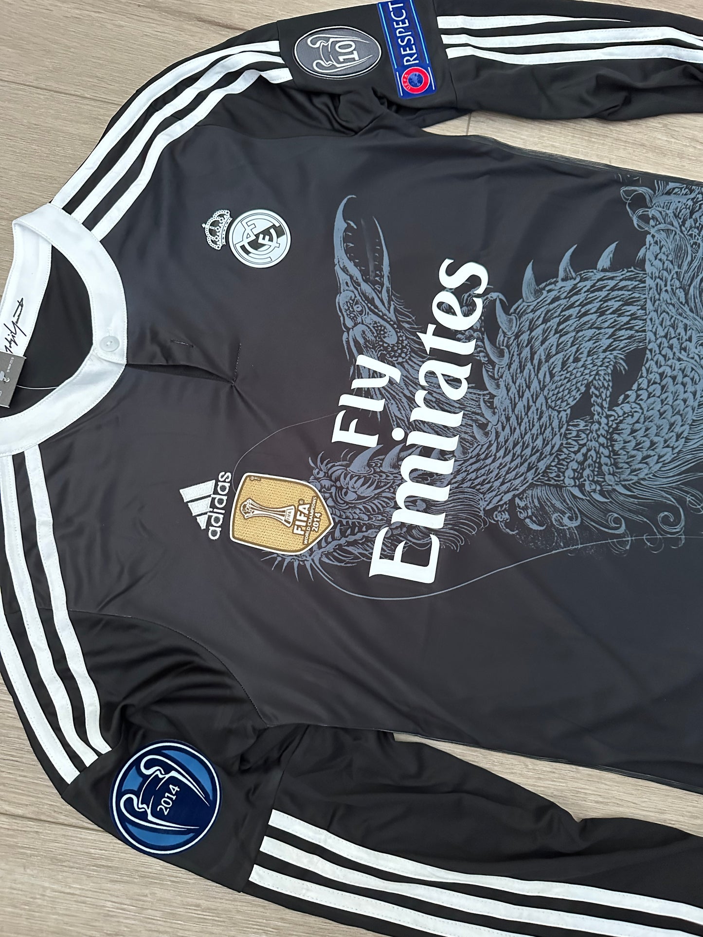Ronaldo CR7 #7 Soccer Jersey Away Real Madrid Black 2014 Long Sleeves Men Dragon
