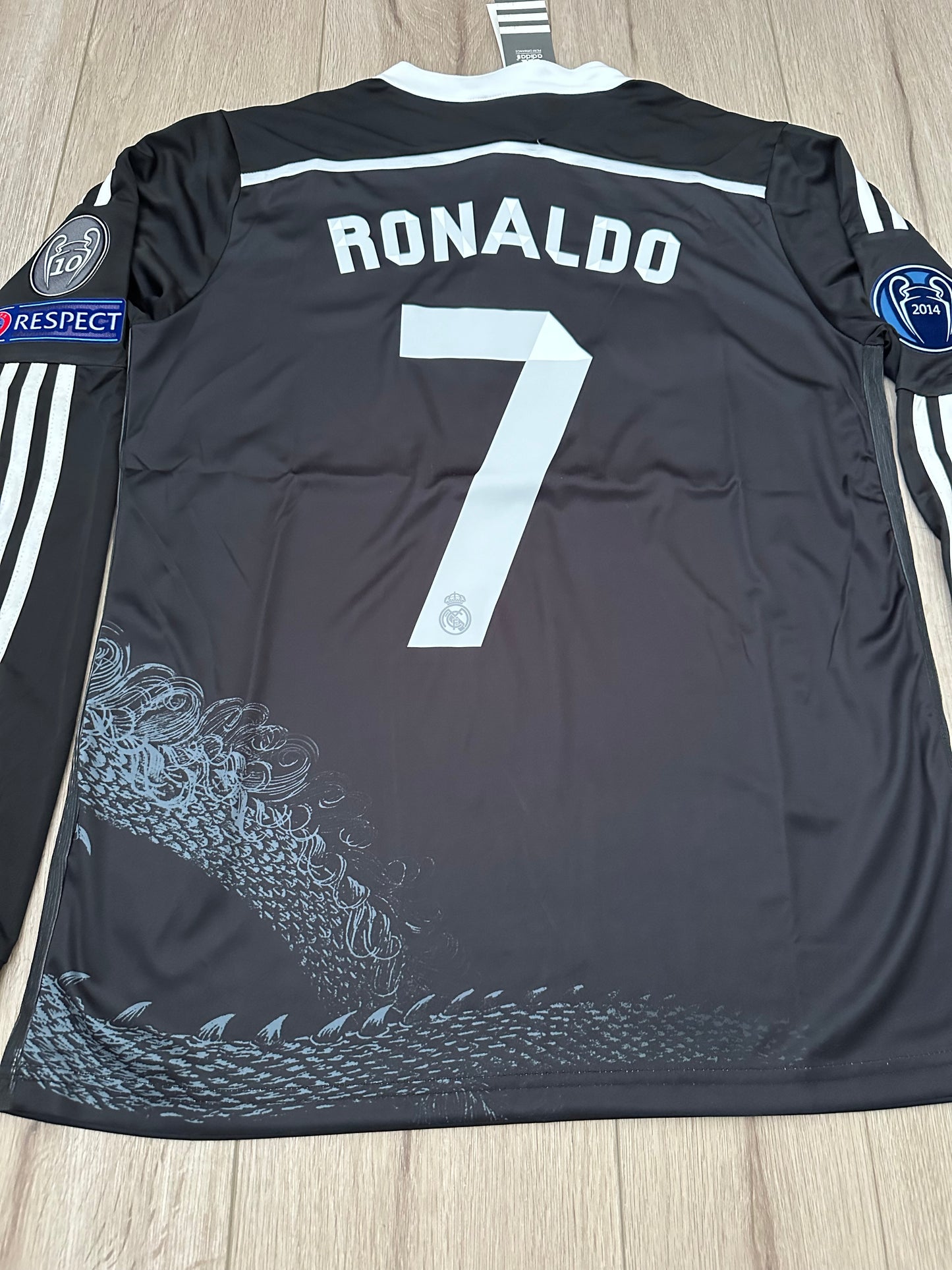 Ronaldo CR7 #7 Soccer Jersey Away Real Madrid Black 2014 Long Sleeves Men Size