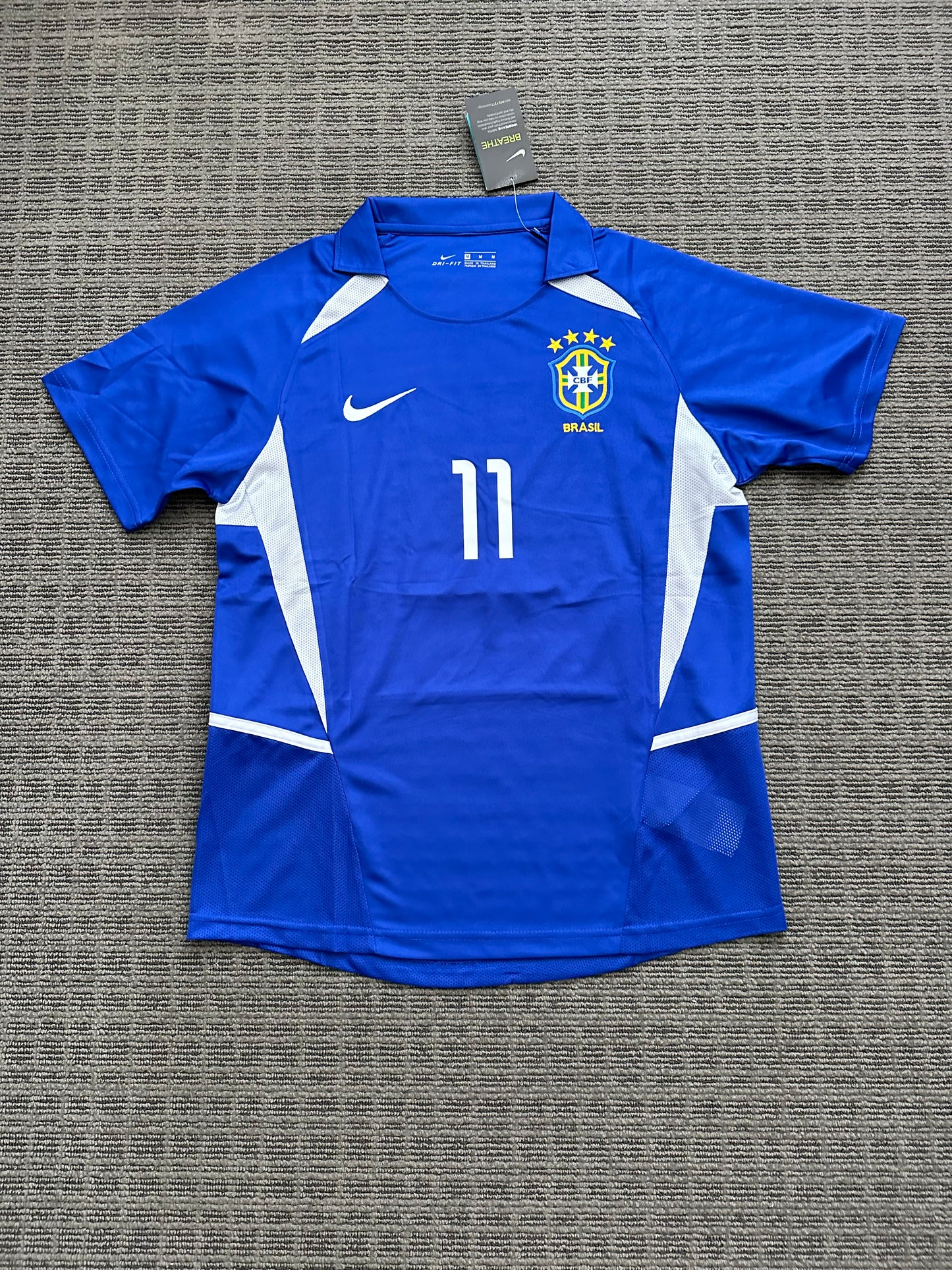 Soccer Jersey Brazil Away Blue FWC 2002 Ronaldinho Gaucho #11 Men Size Football