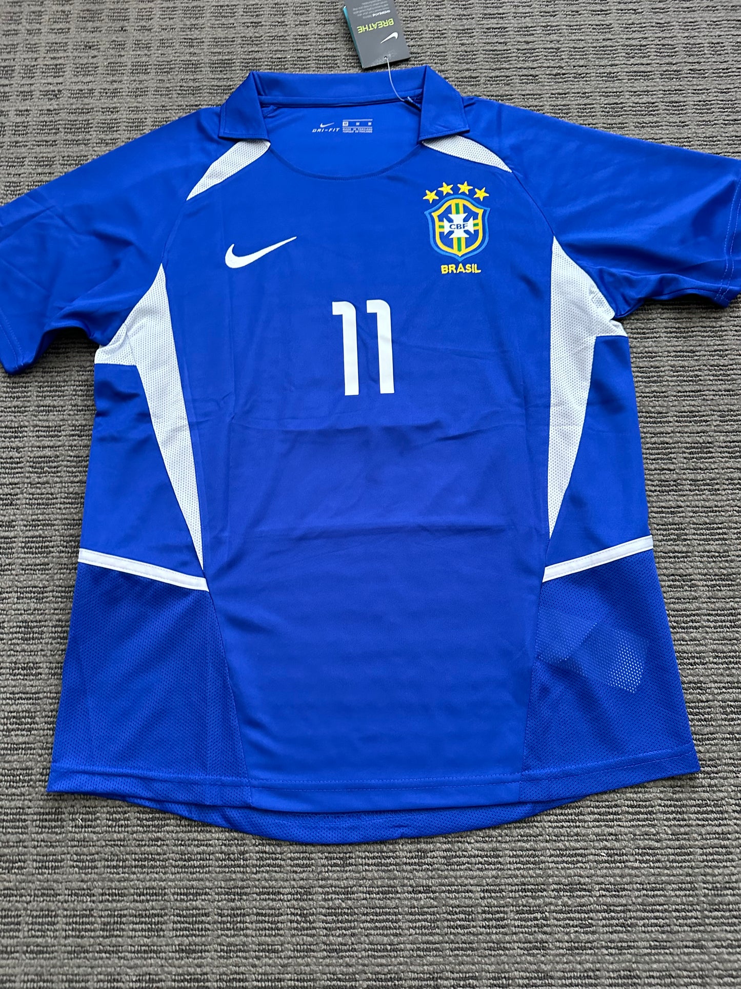 Soccer Jersey Brazil Away Blue FWC 2002 Ronaldinho Gaucho #11 Men Size Football