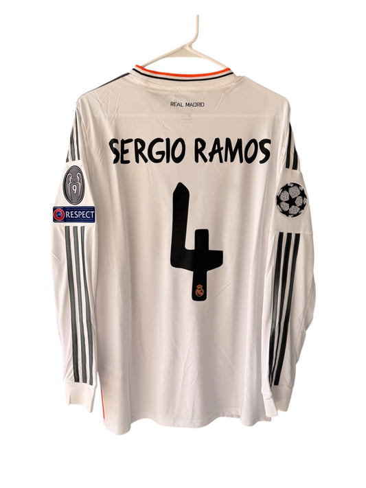 Real Madrid Sergio Ramos #4 Retro Soccer Jersey 2014 Final White Long Sleeves
