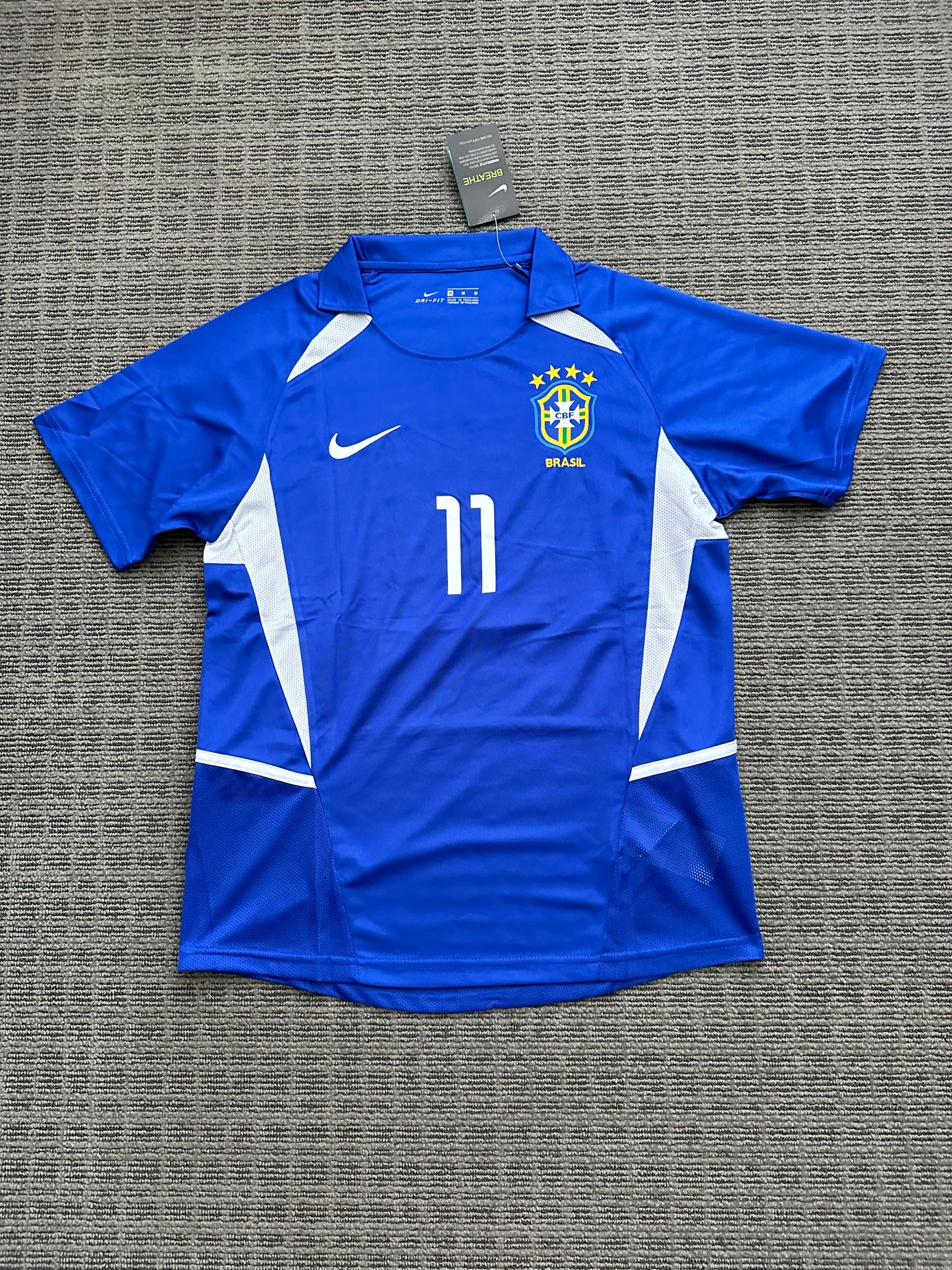 Soccer Jersey Brazil Away Blue FWC 2002 Ronaldinho Gaucho #11 Men Size Football