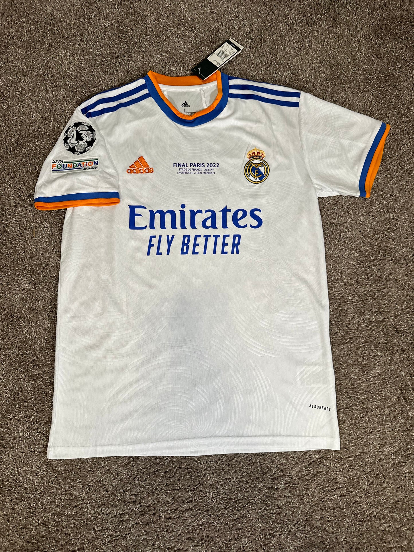 Real Madrid Karim Benzema #9 Final 2022 Soccer Jersey Home White Men Shirt Size