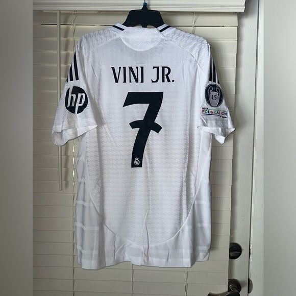 Real Madrid Vinicius Jr #7 2024/25 Home White UCL Soccer Jersey Men Size Shirt